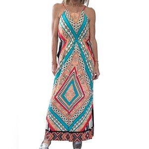 Anthropologie Sweet Wanderer Geometric Multicolored Boho Chic Maxi Dress Size S